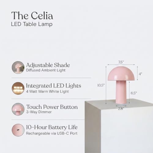 Brightech Celia Table Lamp – 10" Touch-Controlled Mushroom Accent Lamp, Cordless & Dimmable LED, Portable & Rechargeable Bedside Night Light, Sustainable Recycled Modern Patio Lamp, Home Décor – Pink - Image 4