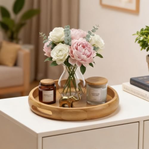 13.4" Round Bamboo Tray with Handles, Wood Serving Tray, Decorative Tray - Image 7