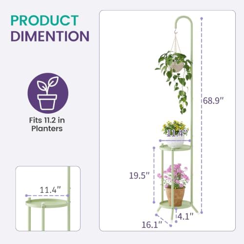 2-Tier Metal Plant Stand with Hanging Hook,Green - Image 2