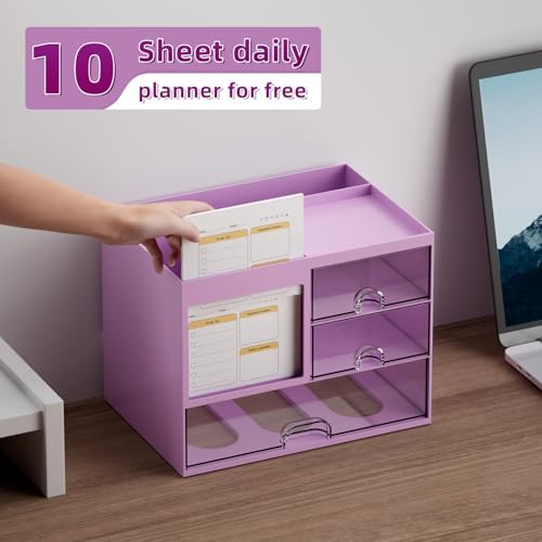 Marbrasse Desk Organizer with 3 Drawer, Multi-Functional Pencil Pen Holder, Desk Organizers and Accessories with 4 Compartments,Desktop Organizer Storage for Office Home Art Supplies (Purple) - Image 5