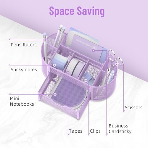 Mesh Desk Organizer with Drawer, 9-Compartment Pen Holder for Desk, Purple - Image 3