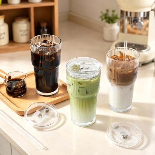 3 Pack Ribbed Glass Tumbler with Straw and Lid: Leak Proof Glass Cups with Lids and Straws - Coffee Bar Accessories - To Go Iced Coffee Cups with Lids - Tumbler Leak Proof Iced Coffee Cups with Lids - Image 4