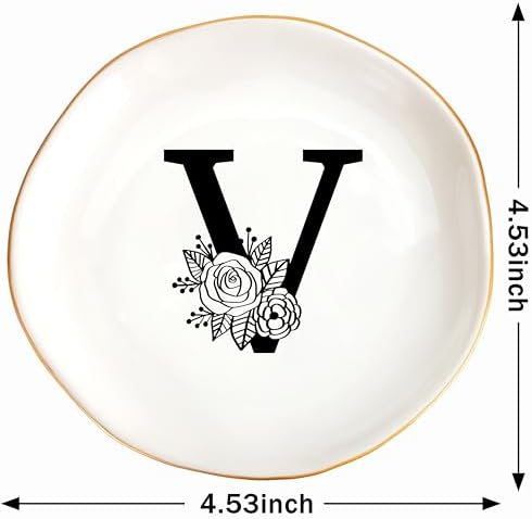 JoycuFF Initial V Ceramic Jewelry Tray, Bridesmaid Bride Gifts, Mothers Day Christmas Anniversary Engagement Birthday Gifts for Women Couples, Trinket Dish for Rings Earrings Necklaces Bracelets Keys - Image 6