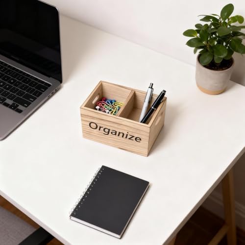Dlounery Small Wooden Organizer Box (6.3in) for Desk and Kitchen Countertop, Double-grid Desktop Organizer with "Organize" Print, Wood Grain Small Storage box for Utensils, Office Supplies - Image 6