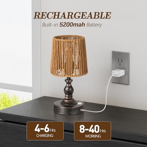 PARTPHONER Mini Cordless LED Table Lamp, 5200mAh Rechargeable Battery Operated Lamp, 3-Level Brightness, Touch Dimmable Desk Lamp, Bedside Night Light with Rattan Shade, Oil Rubbed Bronze - Image 3