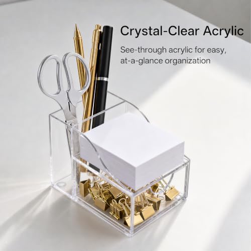 HBlife Acrylic Pen Holder for Desk, 3-Compartment Small Desk Organizer with Drawer, Clear Office Supplies Desk Accessories with Sticky Notes Holder Stores Post It Notes 3X3 for Office, Home and School - Image 3