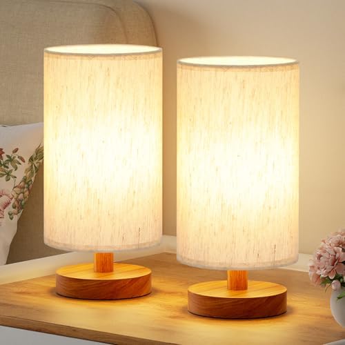 Desk Small Lamps Set of 2 (Cream Shade - Walnut Base, 9" Inline Control) by Fenmzeelighting