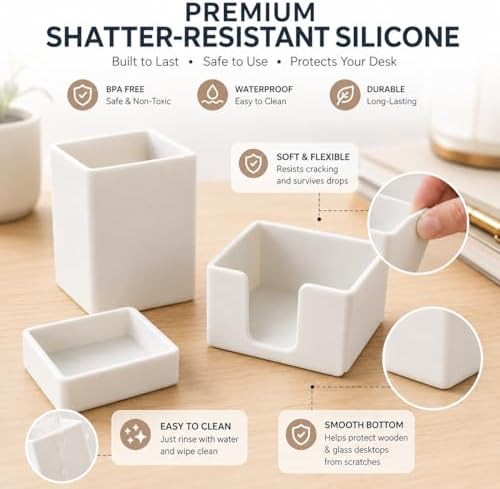 minimaliving Aesthetic Silicone Desk Organizer Set of 3,Modern Office Desk Accessories with Pen Holder,Paperclip Tray,Sticky Note Holder,Stylish Functional Office Desk Decor for Back-to-school(White) - Image 6