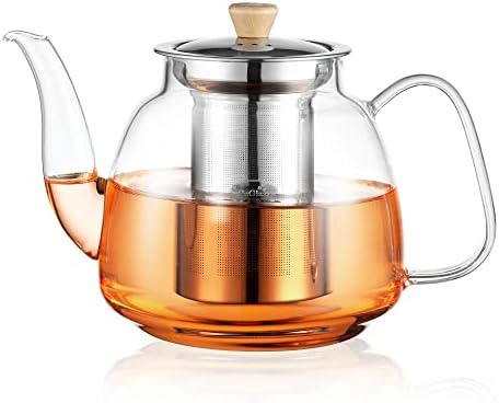 CNGLASS Glass Teapot with Infuser(37.5oz),Clear Tea Kettle with Removable Stainless Steel Strainer,Stovetop Safe Glass Teapot for Blooming and Loose Leaf Tea by CNGLASS