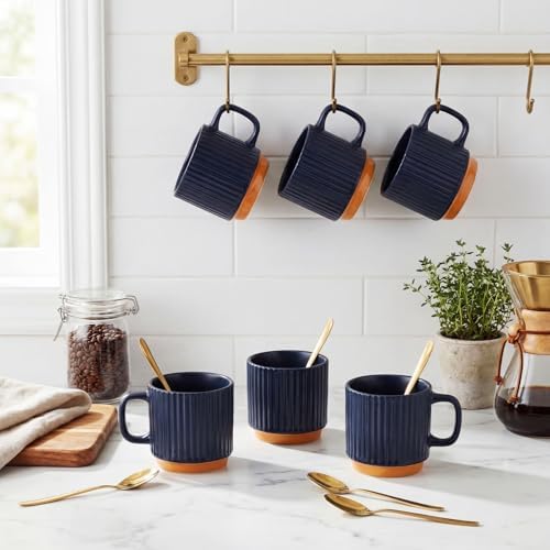 6 Set 8.8 oz Ceramic Coffee Mugs with Gold Spoons, Dark Blue - Image 4