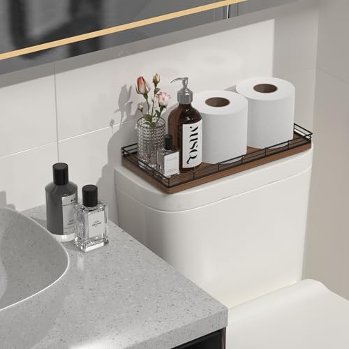 Oak Bathroom Toilet Tank Tray, 13" Wood Back of Toilet Paper Storage Tank Topper Basket, Vanity Tray for Perfume Makeup Candle Toiletry Organizer for Kitchen Coffee Table Walnut Tray Decor - Image 4
