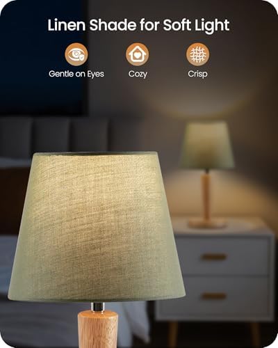 12" Wood Bedside Table Lamps Set of 2, Small Desk Lamps for Small Places, 3 Color Temperatures with Memory, Green Linen Shade & E26 Bulbs, for Bedroom Living Room Office MJ13TLP205 - Image 4