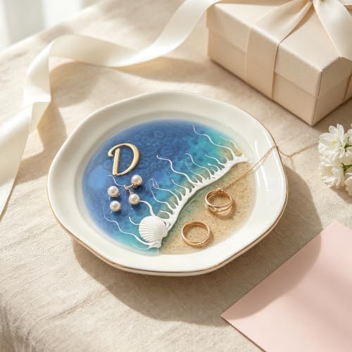 Ocean Resin Jewelry Tray, Ceramic Ring Dish with Gold Trim, Beach Wave Jewelry Holder Organizer for Vanity Bathroom, Small Decorative Trinket Dish for Women (D) by Unknown