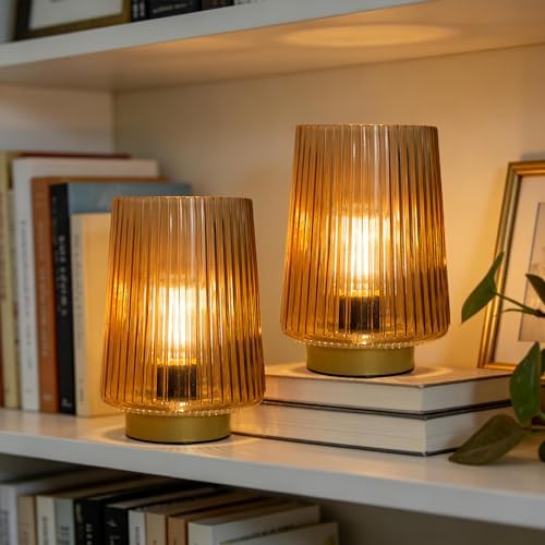 Battery Operated Lamp with Timer, Set of 2 Small Cozy Table Lamp Decorative Ambient Glass Lamp for Bedside & Home Decor, Aesthetic Cordless Battery Powered Accent Lamp for Living Room Shelf, Amber - Image 5