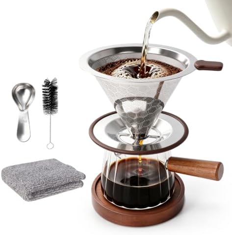 6oz Pour Over Coffee Maker Reusable Pour Over Coffee Dripper Set Glass Coffee Maker Espresso Cup Set Scoop Wood Coasters Cleaning Brush Cleaning Cloth by Unknown