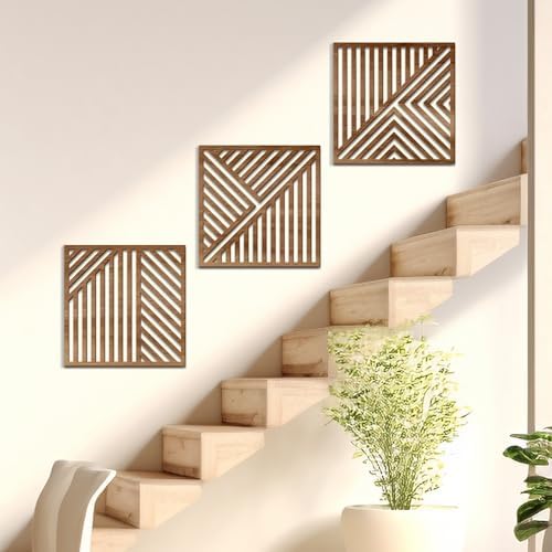 Bnesi 3 Piece Abstract Geometric Wood Wall Art Decor Modern Boho Minimalist Slatted Design Wall Sculpture Art Decor for Living Room Bedroom Home Bathroom (Classic, Medium) - Image 5