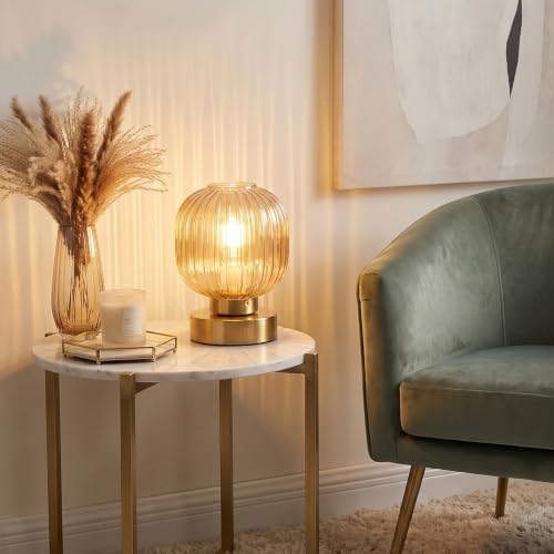 Elenhome Amber Touch Glass Table Lamp Set of 2, 3-Way Dimmable Bedside Lamps, Vintage Mid-Century Modern Nightstand Lamps for Bedroom and Living Room, Ambient Mood Lighting, LED Bulb Included - Image 5