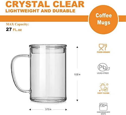 LUXU Glass Coffee Mugs (Set of 2),27oz Large Glass Coffee Cups Clear Glass Tea Cups Overnight Oats Containers with Glass Lid,Cute Coffee Bar Accessories,Iced Coffee Glasses for Latte,Cereal,Yogur - Image 3
