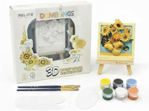 Dumblings 3D Painting Kit – DIY Coloring with Acrylic Paints & Brushes, Relaxing Mindful Craft for Home Decor or Fridge Magnet, Gift for Kids & Adults (Sunflower) by Unknown