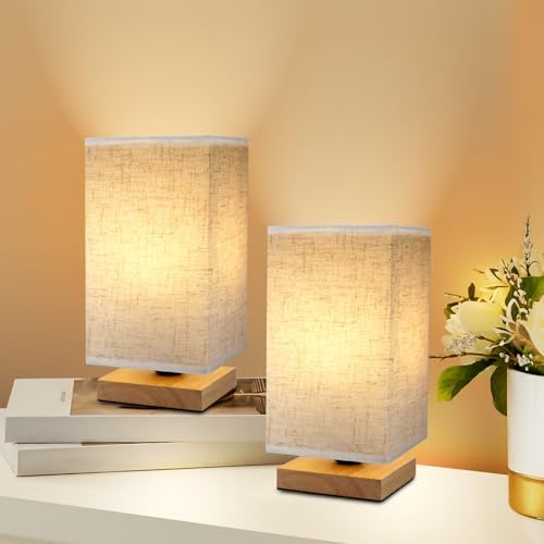 Small Square Bedside Table Lamp for Bedroom set of 2,Minimalist Wood Base & Round Fabric Shade,Mini Cute Cozy Warm Nightstand Boho Lamp, Study Desk Night Stand Light for Room,Dorm,Nursery,Living Room by UCHENTON