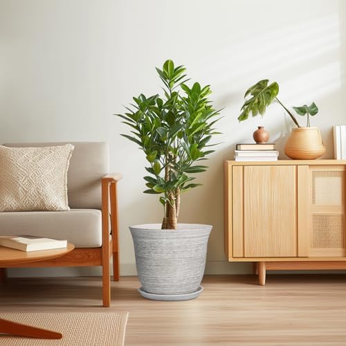Ceramic Planter - 12 Inch Plant Pot with Drainage Hole and Saucer, Round Large Plant Pots for Indoor Outdoor, Modern Decorative Flower Pots, Garden Room Home Decor, Housewarming Gifts, Grey - Image 7