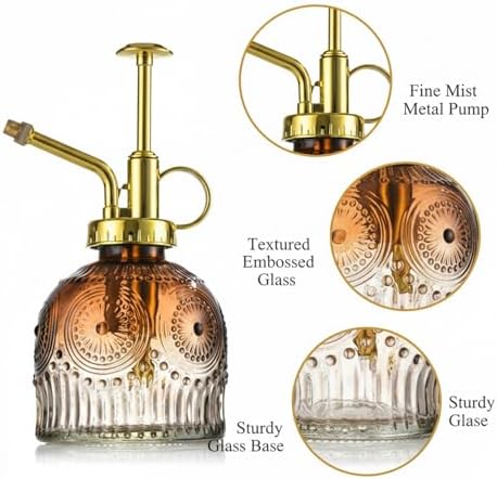 Vintage Embossed Glass Spray Bottle with Metal Pump, 10.6 oz Refillable Mister for Indoor Plants & Home Decor - Image 6
