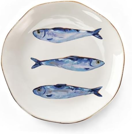 Whaline Sardines Ceramic Jewelry Tray with Gold Rim Small Decorative Trinket Dish Ocean Fish Key Tray for Rings Earrings Necklaces Bracelets Watch Keys Women Bathroom Dresser Table Countertop by Whaline