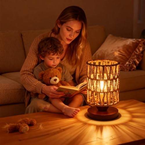 Handmade Rattan Lamp Farmhouse Table Lamp for Bedroom, Rustic Woven Lamps for Night Stands with Warm White LED Bulb, Boho-Inspired Boho Lamp for Living Room Kitchen Nook, 12cm Shade 20cm Height - Image 6