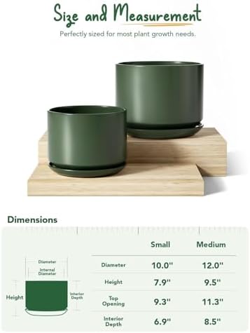 LE TAUCI 10 + 12 Inch Ceramic Plant Pots, Set of 2, Forest Green - Image 4