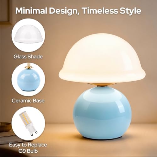 Glass Mushroom Lamp, Dimmable Bedside Table Lamp (Blue) - Image 6