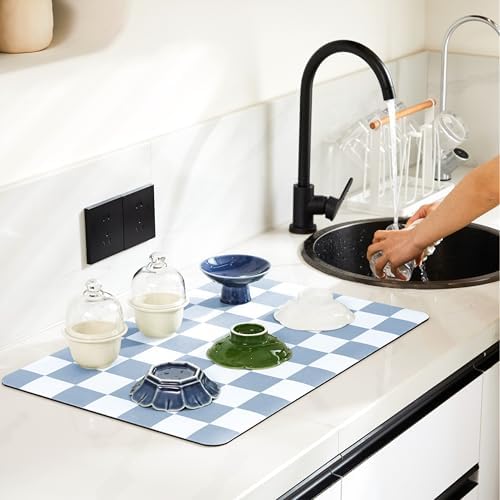 Checkered Dish Drying Mat for Kitchen Counter, Coffee Bar Station Accessories, Retro Cute Aesthetic Absorbent Coffee Mat Kitchen Drying Mat Easy Clean, Blue 12" x 19" - Image 2