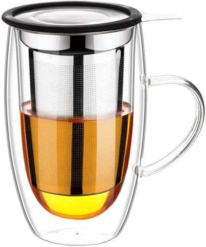 Baalaka Tea Infuser Mug, 16 fl oz Double-Wall Glass for Loose Leaf Tea by Baalaka