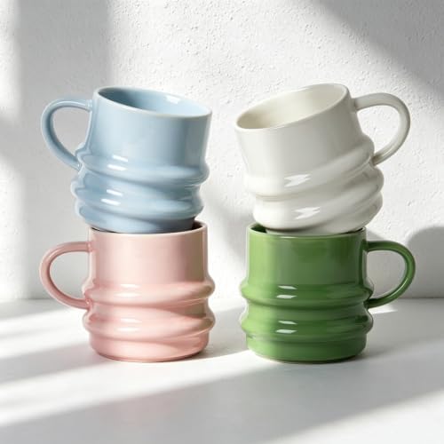 Ceramic Coffee Mugs Set of 4, 9oz 3D Wavy Ribbed Coffee Cups with Handle by ALOFMO