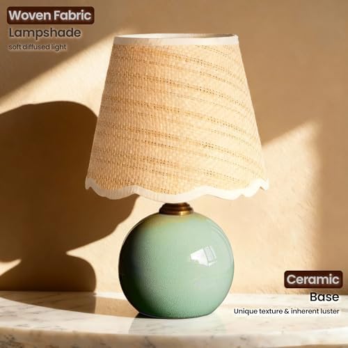 11.4" Green Ceramic Small Table Lamp with Scalloped Wavy Shade - Image 2