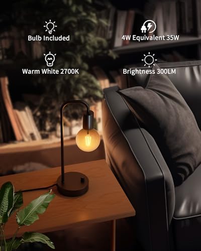 ONEWISH Industrial Table Lamp Set of 2 with USB C&A Charging Port, Stepless Dimmable Nightstand Bedside Lamps for Bedroom,Desk Lamps with 2700K Black Gradient Bulb for Reading Living Room,Office - Image 4