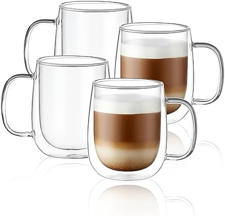 CNGLASS Glass Coffee Mugs 12oz,Double Wall Insulated Mug Set with Handle,Clear Glass Espresso Mugs for Latte,Cappuccino,Tea Bag,Hot and Cold Beverages,Set of 4 by CNGLASS