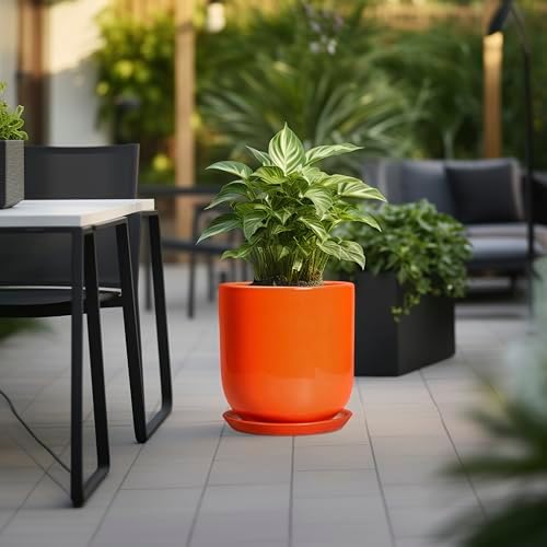 12 Inch Pots for Plants - Ceramic Planter with Drainage Hole and Saucer, Decorative Round Large Plant Pot for Indoor Outdoor Plants, Plant Lover Gifts, Home Office Garden Decor, Orange - Image 4