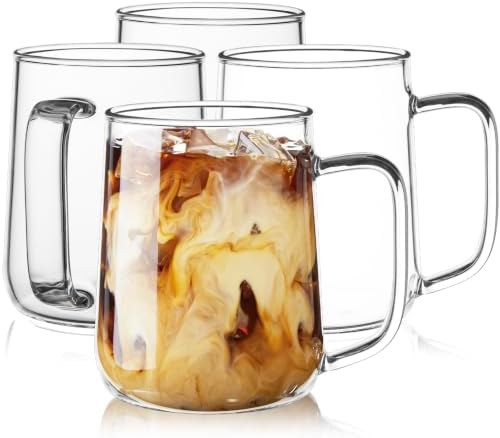 Large Glass Coffee Mugs, 24 oz Glass Coffee Cups Set of 4, Clear Borosilicate Glass Mugs with Handles for Cappuccino, Tea, Latte, Hot/Cold Beverages, Wine, Americano, Smoothies by Unknown