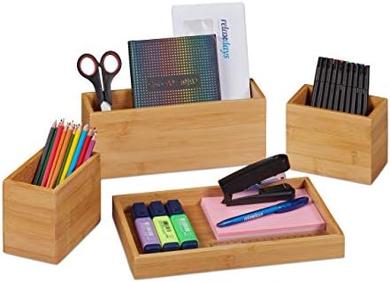 Relaxdays Desk Organiser, Set of 4, Pen Holder, Bamboo Tray, Pen Tray, for Office Utensils, Letters, Natural by Relaxdays