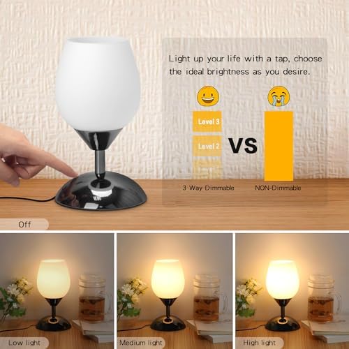Touch Control Table Lamp Dimmable Small Lamp, Ambient Light with Opal Glass Shade Simple Night Light, Modern Accent Lamp Bedside Nightstand Lamp for Bedroom Living Room, E12 Bulb Included - Image 3
