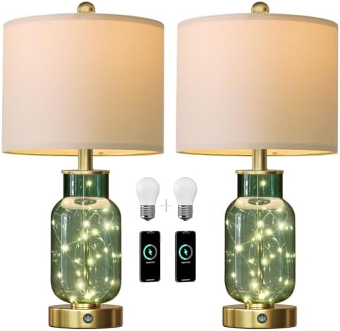 Oneach 22" Glass Table Lamps Set of 2 with Night Light for Bedroom, Green - Image 3