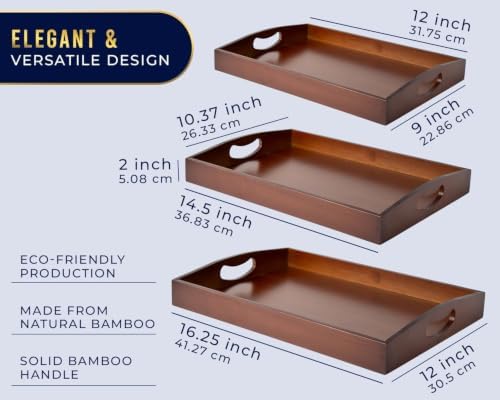 Comfify Dark Brown Bamboo Serving Trays Set of 3 – Nesting Ottoman Trays - Image 2