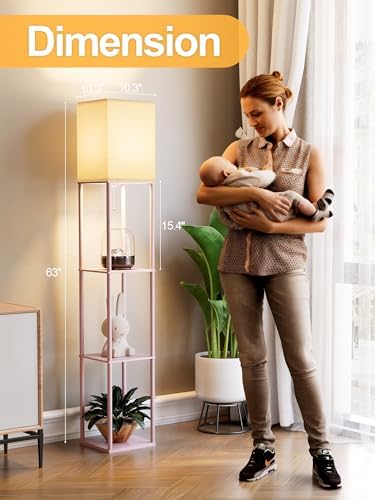 Pink Floor Lamp with Shelves for Living Room, Shelf Floor Lamp with 3 CCT LED Bulb, Corner Display Standing Column Lamp Etagere Organizer Tower Nightstand with White Linen Shade for Bedroom, Office - Image 3
