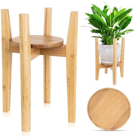 Adjustable Plant Stand with Tray,Indoor Wood Plant Stand Fit 8'' to 12'' Planter,Mid Century Modern Flower Pot Holder Rack(Plant and Pot Not Included) by ZIOZERTT
