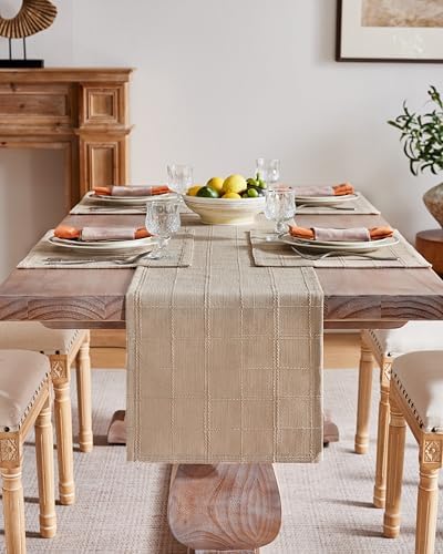 ZeeMart Linen Checked Farmhouse Table Runner, 13x48 Inches Taupe - Image 2
