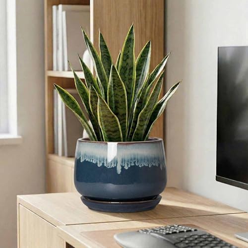 Ceramic Plant Pots, 9 Inch Ceramic Planter with Saucer, Retro Blue - Image 7