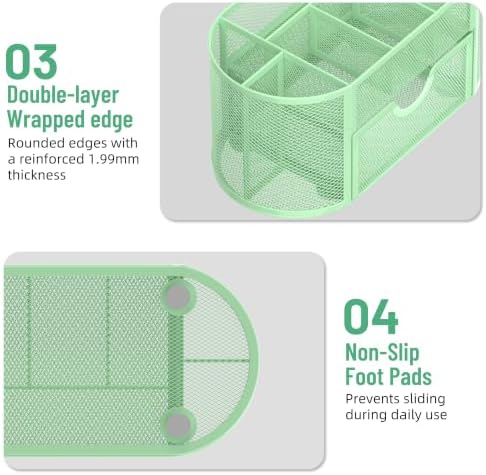 Mesh Desk Organizer with Drawer, 9-Compartment Pen Holder for Desk, Green - Image 6
