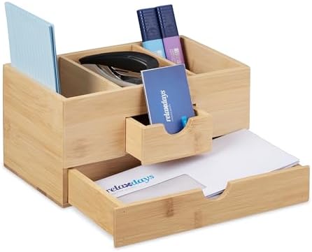 Relaxdays Bamboo Desk Organiser, 2 Drawers, 3 Compartments, H x W x D: 12 x 24 x 14.5 cm, Office Organiser, Natural by Relaxdays