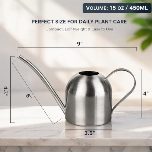 Fasmov Stainless Steel Watering Can, Small Modern Style Watering Pot, 15oz/450ml Watering Can with Long Spout to Prevent Spillage, Perfect Plant Watering Can for Outdoor and Indoor Plants (Silver) - Image 2