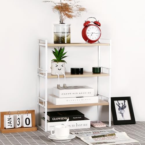 YGYQZ Desk Shelf Organizer for Top of Desk, 3-Tier Desktop Bookshelf, White & Wood by YGYQZ